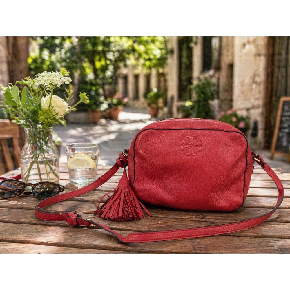 Tory Burch Thea Camera Bag Burgundy Red Pebbled Leather Crossbody Tassel Purse